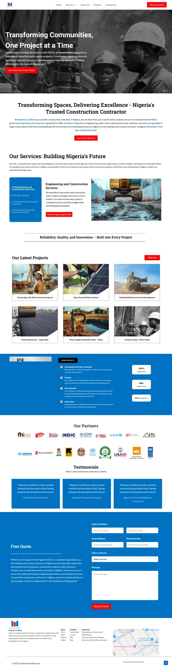 Web design and SEO for Masonry Limited, a construction company website in Nigeria.
